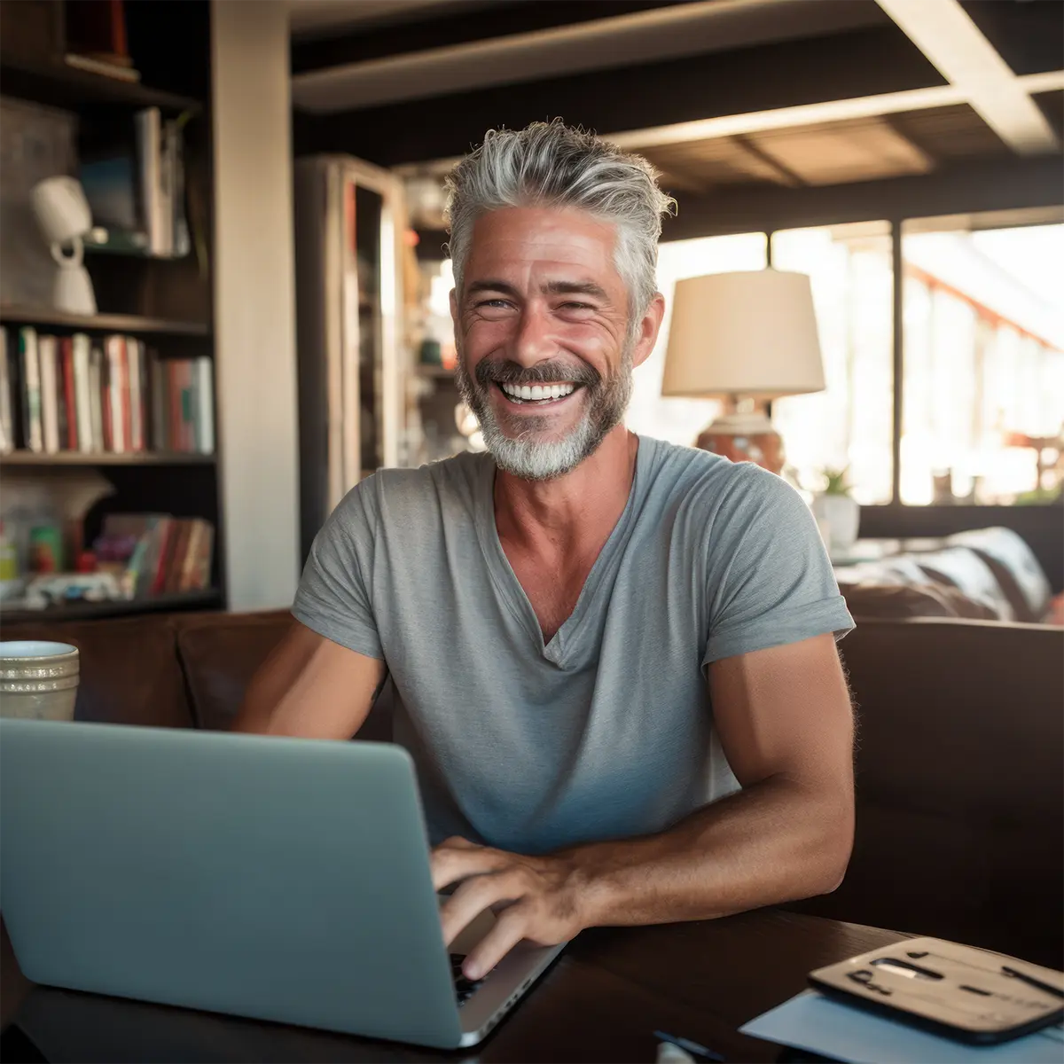 happy man working remotely